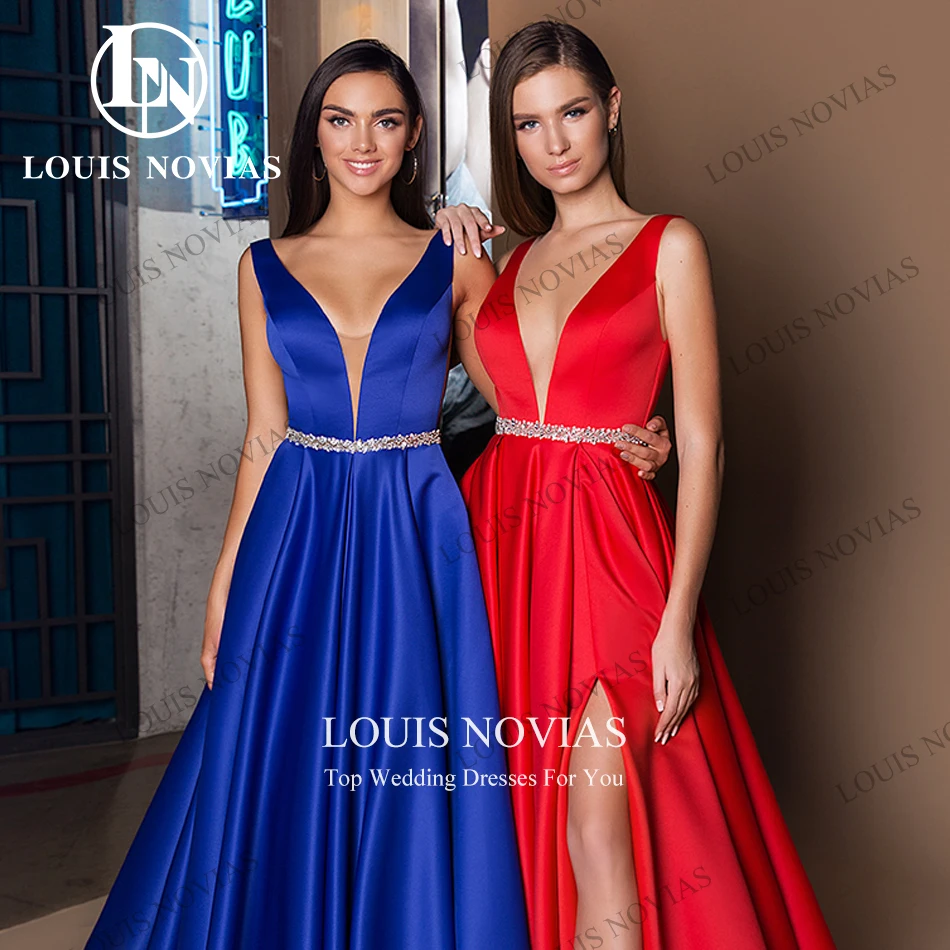 Вечерние платья LOUIS NOVIAS без рукавов для женщин 2024, атласные вечерние платья с глубоким V-образным вырезом, винтажные платья с разрезом на бедрах, Vestidos De Noche Изображение 2 