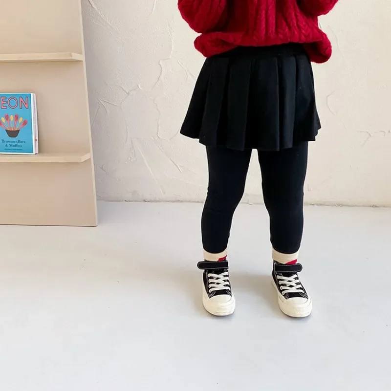 Детская одежда Поддельные два кюлота 2023 Осень Для девочек, Корейский стиль, однотонные повседневные штаны принцессы, простые милые Модные брюки Изображение 1 