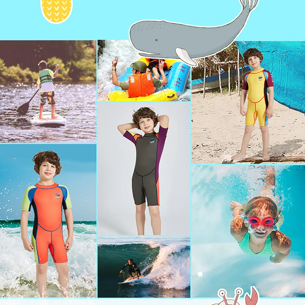 Детский неопреновый гидрокостюм, цельные купальники, пляжная одежда для подводного плавания, водонепроницаемый костюм медузы для серфинга, желто-фиолетовый рукав XL Изображение 1 