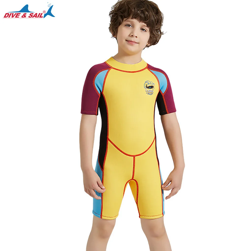 Детский неопреновый гидрокостюм, цельные купальники, пляжная одежда для подводного плавания, водонепроницаемый костюм медузы для серфинга, желто-фиолетовый рукав XL Изображение 2 