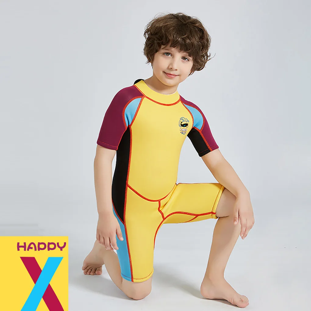 Детский неопреновый гидрокостюм, цельные купальники, пляжная одежда для подводного плавания, водонепроницаемый костюм медузы для серфинга, желто-фиолетовый рукав XL Изображение 3 