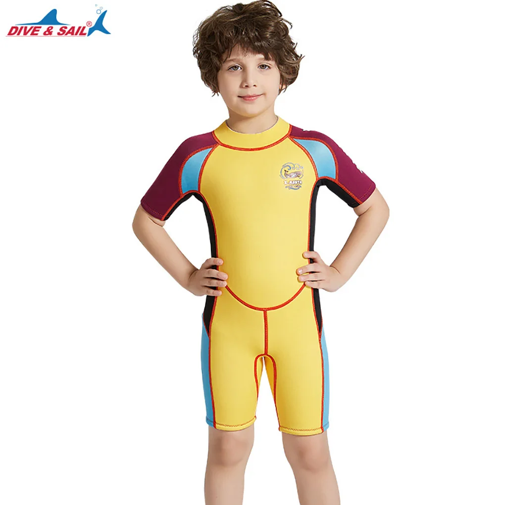 Детский неопреновый гидрокостюм, цельные купальники, пляжная одежда для подводного плавания, водонепроницаемый костюм медузы для серфинга, желто-фиолетовый рукав XL Изображение 4 