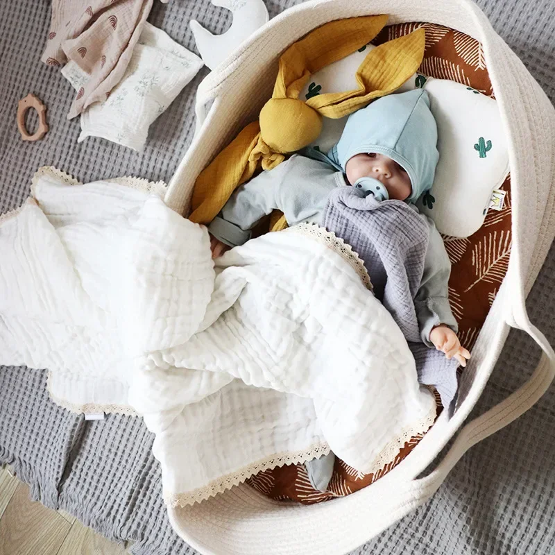 Детское пеленальное одеяло Хлопчатобумажное банное полотенце, Шестислойная Марлевая кружевная пеленальная пленка для новорожденного, одеяло, детские принадлежности, чехол для коляски Изображение 1 