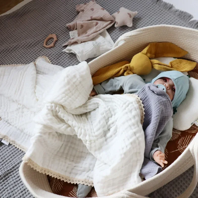 Детское пеленальное одеяло Хлопчатобумажное банное полотенце, Шестислойная Марлевая кружевная пеленальная пленка для новорожденного, одеяло, детские принадлежности, чехол для коляски Изображение 3 