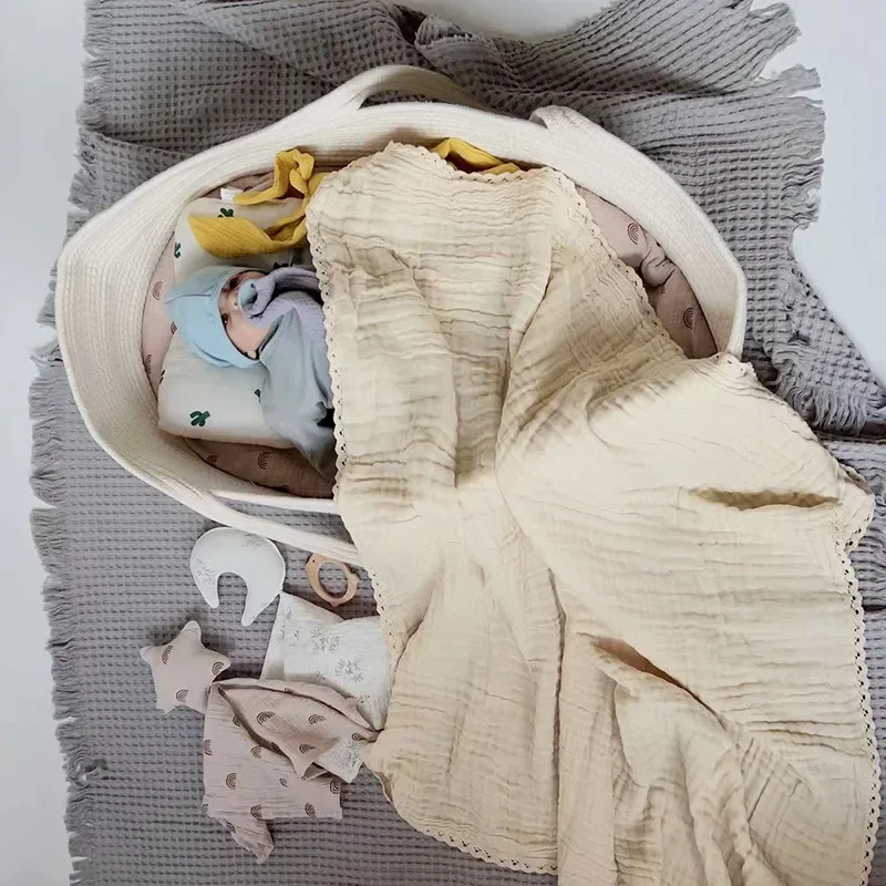 Детское пеленальное одеяло Хлопчатобумажное банное полотенце, Шестислойная Марлевая кружевная пеленальная пленка для новорожденного, одеяло, детские принадлежности, чехол для коляски Изображение 4 