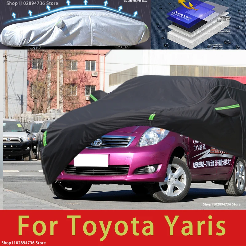Для Toyota Yaris Наружная защита Полное покрытие автомобиля Снежные покровы Солнцезащитный козырек Водонепроницаемый Пылезащитный Черный чехол для автомобиля