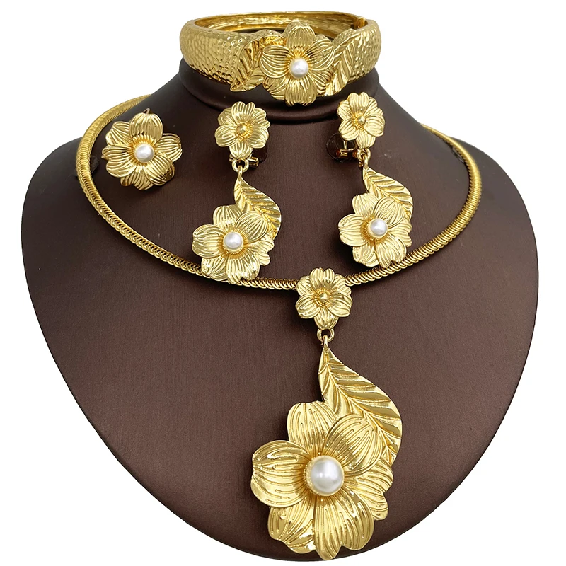 Дубайский винтажный набор украшений из искусственного жемчуга для женщин, серьги, ожерелье, браслет-манжета, кольцо, набор для новобрачных в африканском стиле, Бесплатная доставка Изображение 0 