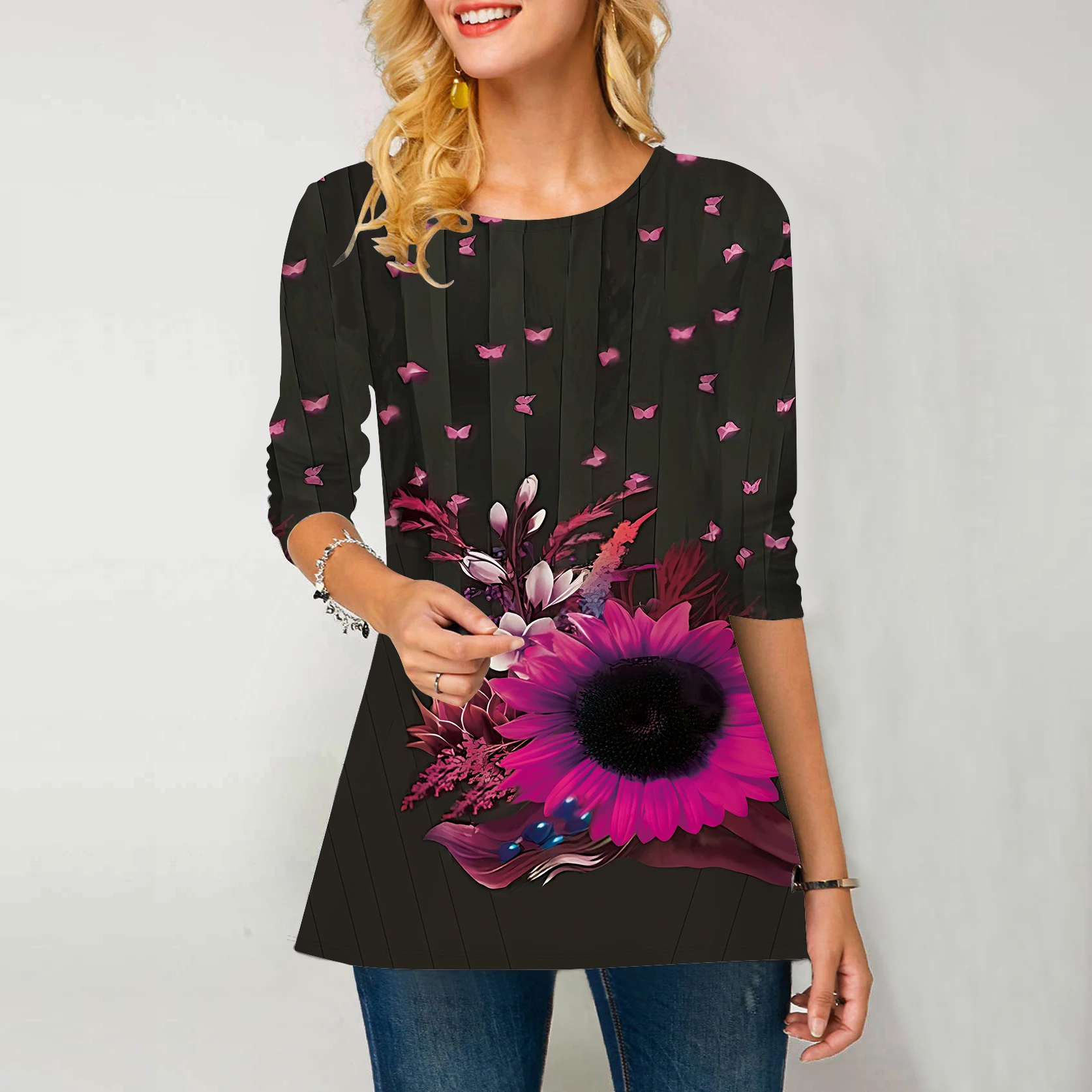 Женская одежда, негабаритная футболка с 3D-принтом с длинным рукавом, женские модные топы, винтажный пуловер, осень-зима, футболки с круглым вырезом Изображение 1 