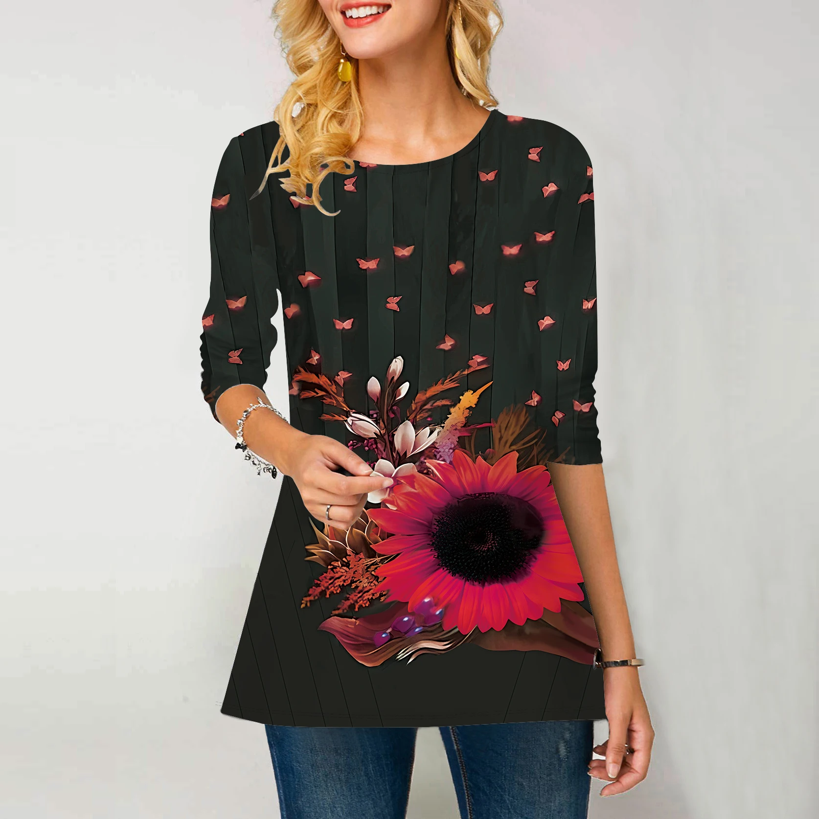 Женская одежда, негабаритная футболка с 3D-принтом с длинным рукавом, женские модные топы, винтажный пуловер, осень-зима, футболки с круглым вырезом Изображение 2 