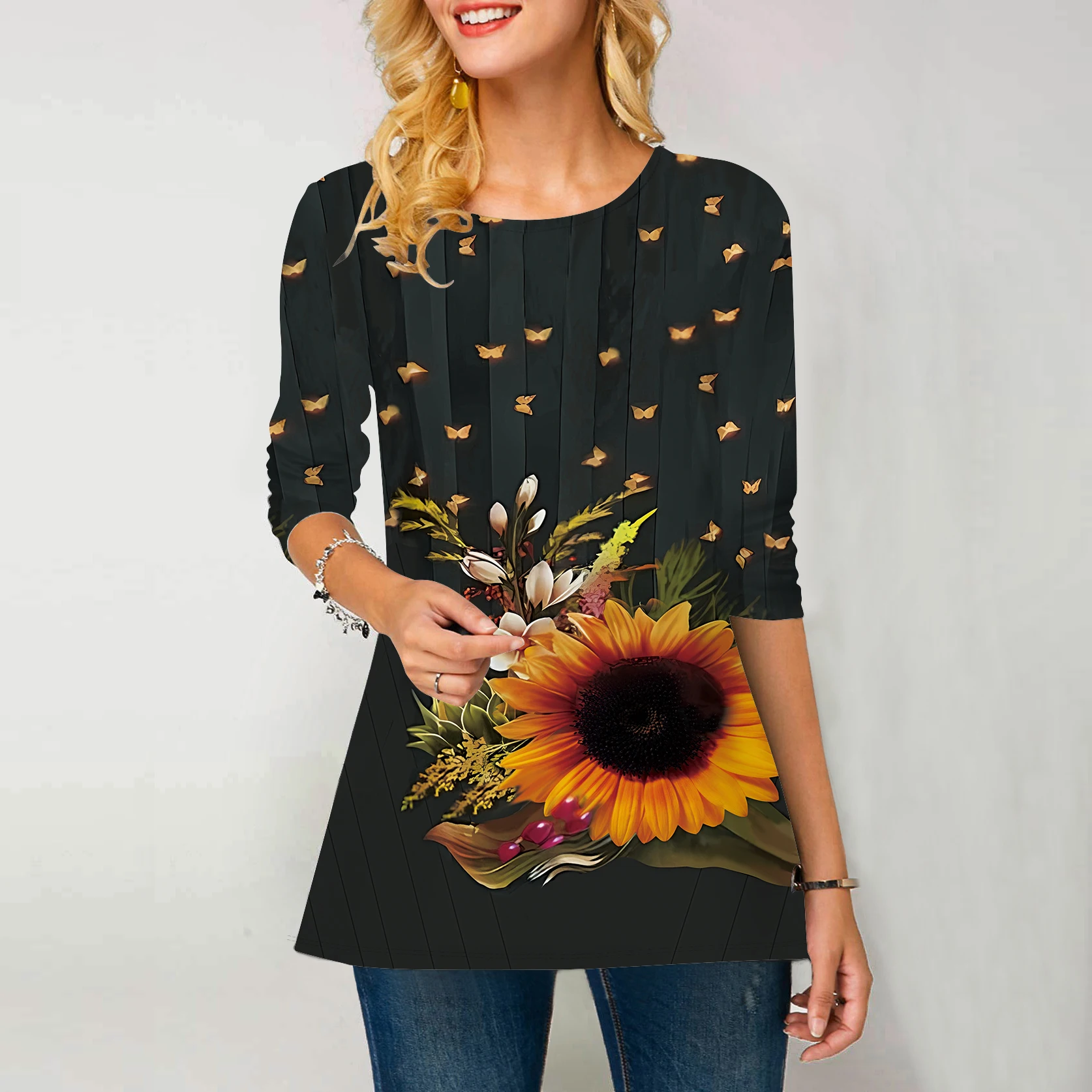 Женская одежда, негабаритная футболка с 3D-принтом с длинным рукавом, женские модные топы, винтажный пуловер, осень-зима, футболки с круглым вырезом Изображение 3 