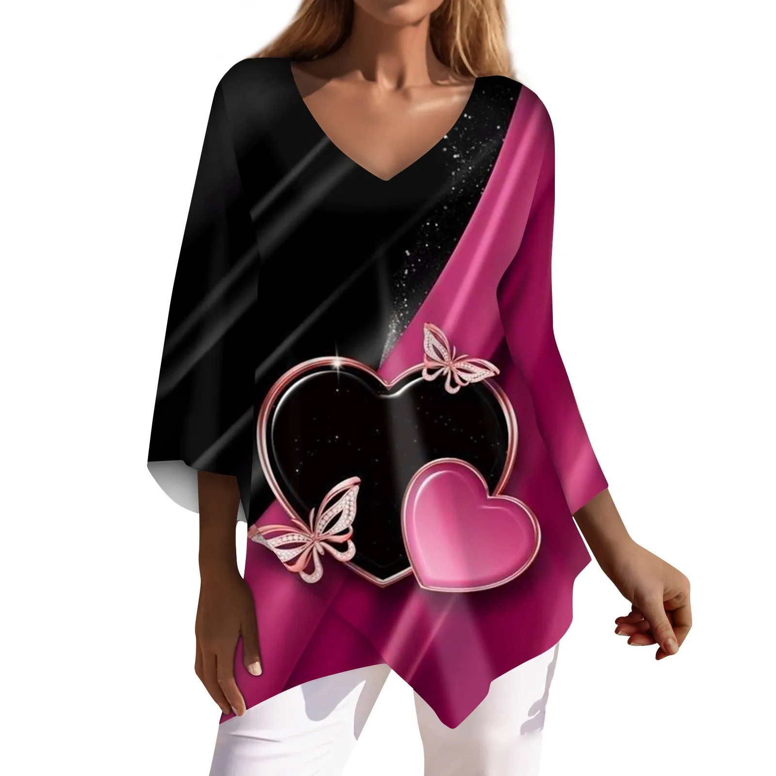 Женская рубашка Casual vestidos para mujer elegante, Свободные Рубашки с рукавом 3/4, Топы с V-образным вырезом и Принтом на День Святого Валентина, отзывы о многих видах одежды