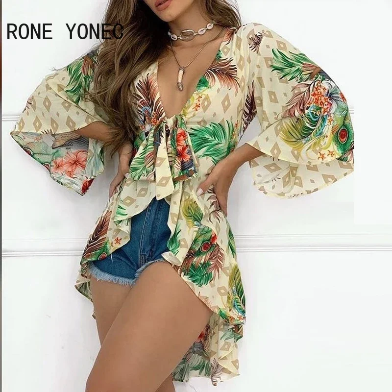 Женская рубашка с элегантным тропическим принтом, блузка с расклешенными рукавами, женские блузки-топы