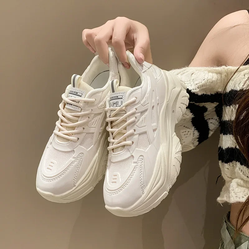 Женские массивные кроссовки с толстой подошвой, Корейская Женская обувь на платформе со шнуровкой, Дышащая Весенне-осенняя Женская Вулканизированная обувь Zapatos Mujer