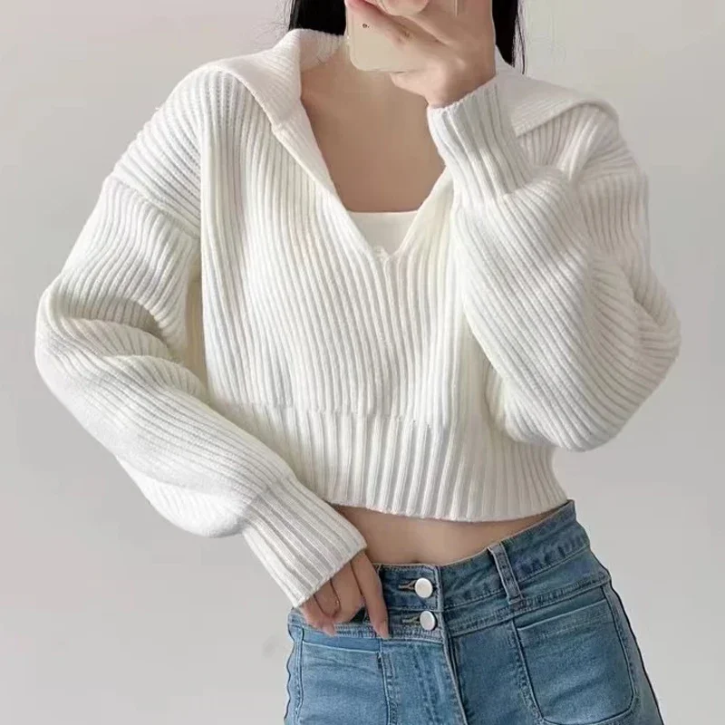 Женский короткий свитер, осенний Корейский модный пуловер с отложным воротником, женские топы с длинным рукавом, повседневная свободная одежда с V-образным вырезом 29497