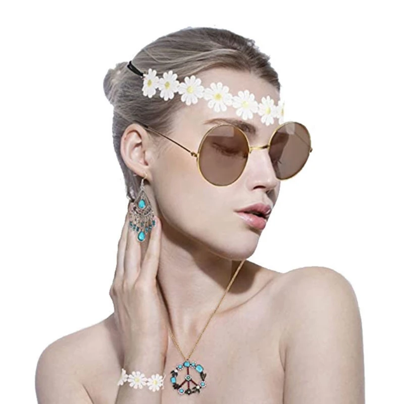 Женский костюм хиппи, винтажные очки, ожерелье со знаком мира, лента для волос, новинка Изображение 4 