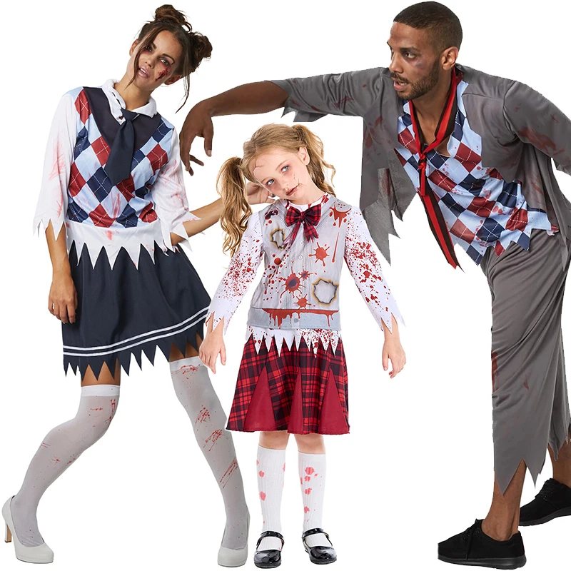 Женский маскарадный костюм школы зомби, мужской костюм страшного школьника, семейный костюм кровавой школьницы-зомби на Хэллоуин