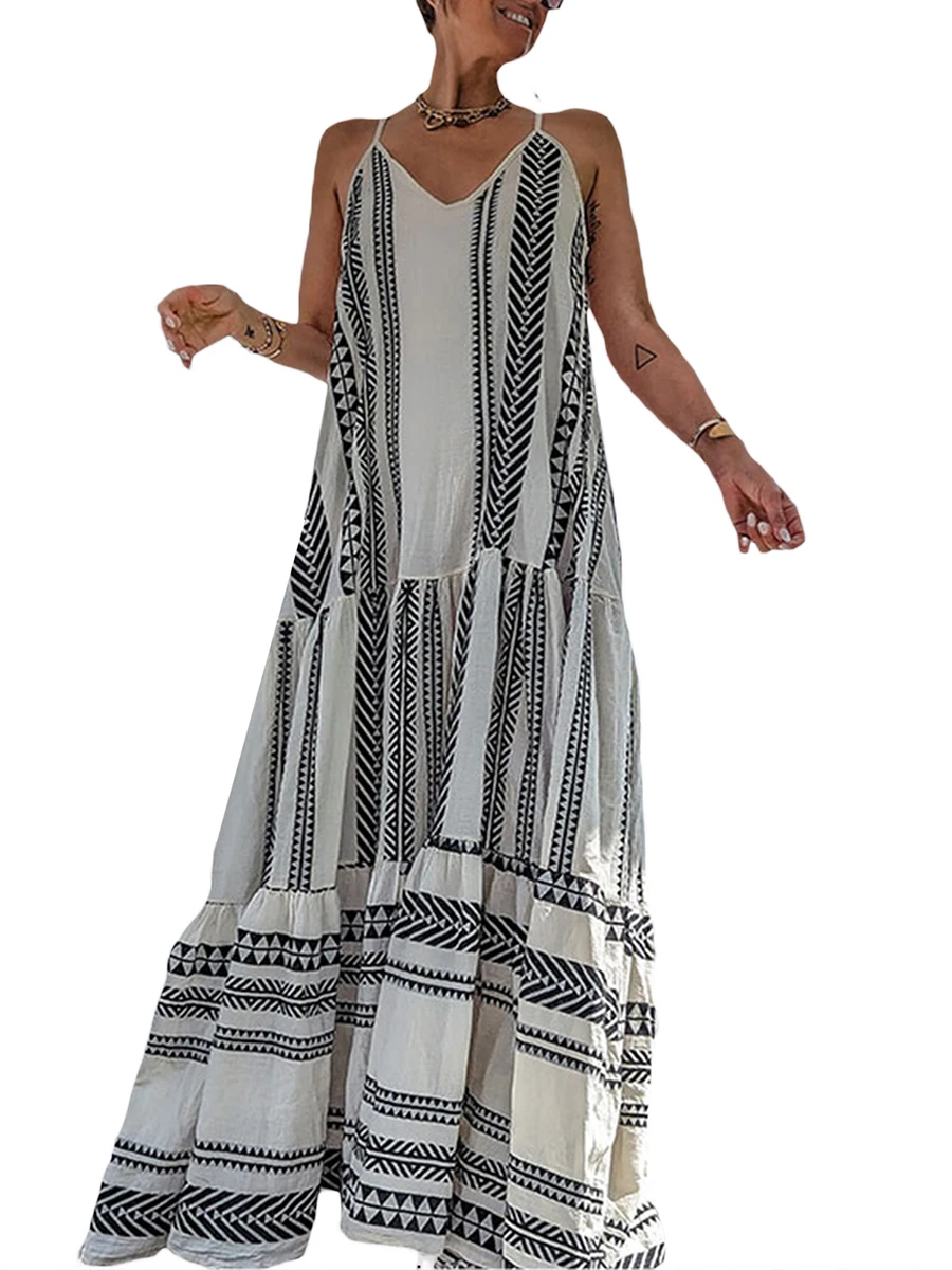 Женское Летнее Длинное платье в богемном стиле, без рукавов, на бретельках, с графическим принтом, Свободное платье-комбинация Миди, Пляжная одежда