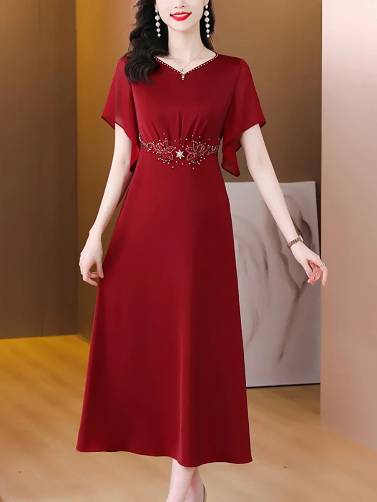 Женское красное шелковое атласное роскошное платье для выпускного вечера с коротким рукавом, Шикарное бриллиантовое платье 2024, Длинное вечернее платье для вечеринки, Элегантный свадебный халат D81