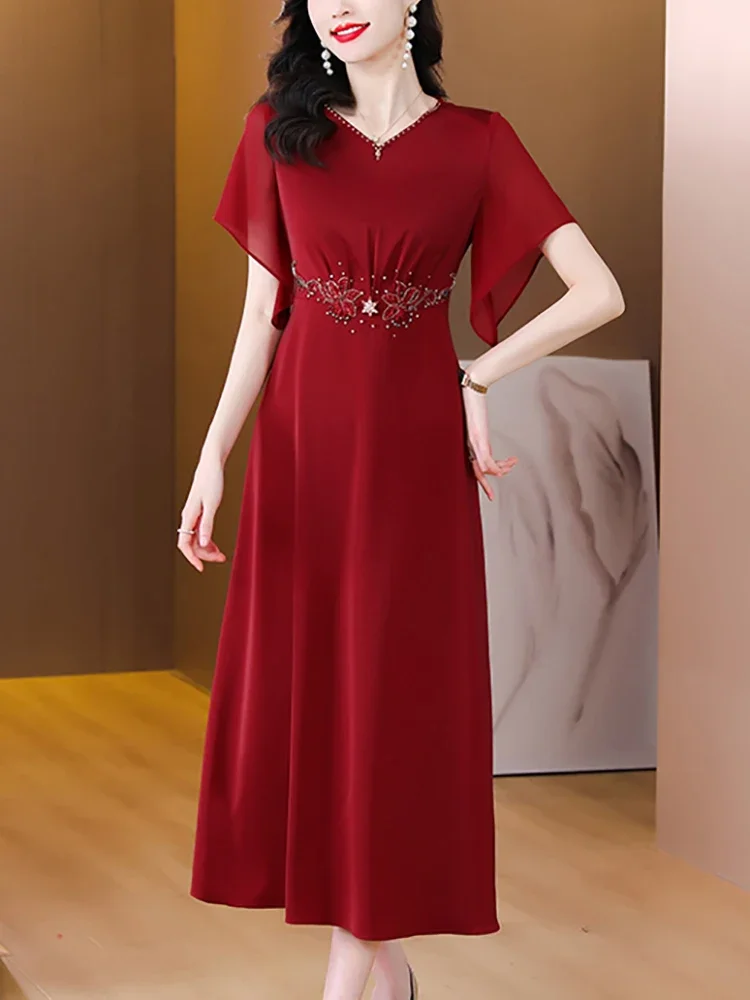 Женское красное шелковое атласное роскошное платье для выпускного вечера с коротким рукавом, Шикарное бриллиантовое платье 2024, Длинное вечернее платье для вечеринки, Элегантный свадебный халат D81 Изображение 1 