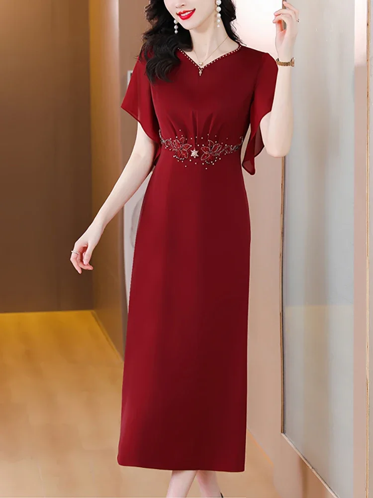 Женское красное шелковое атласное роскошное платье для выпускного вечера с коротким рукавом, Шикарное бриллиантовое платье 2024, Длинное вечернее платье для вечеринки, Элегантный свадебный халат D81 Изображение 2 