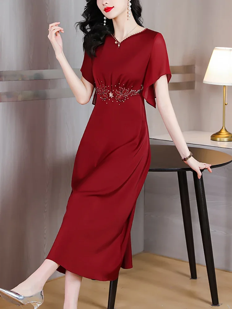 Женское красное шелковое атласное роскошное платье для выпускного вечера с коротким рукавом, Шикарное бриллиантовое платье 2024, Длинное вечернее платье для вечеринки, Элегантный свадебный халат D81 Изображение 3 