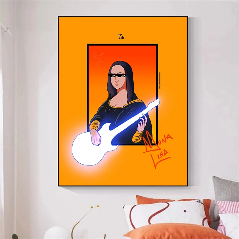 Забавная гитара Мона Лиза Настенное искусство Холст Картины Современные картины Абстрактные плакаты для домашнего декора гостиной Без рамки