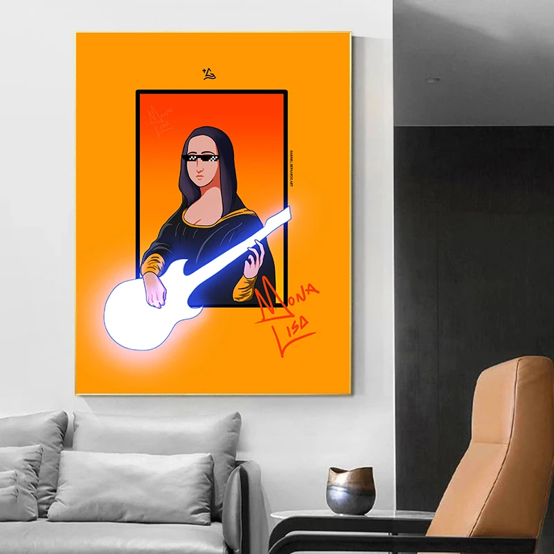 Забавная гитара Мона Лиза Настенное искусство Холст Картины Современные картины Абстрактные плакаты для домашнего декора гостиной Без рамки Изображение 1 