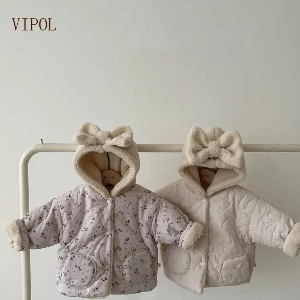 Зимняя детская одежда из флиса VIPOL Baby с капюшоном и бантом, детская теплая куртка с хлопковой подкладкой, зимняя одежда