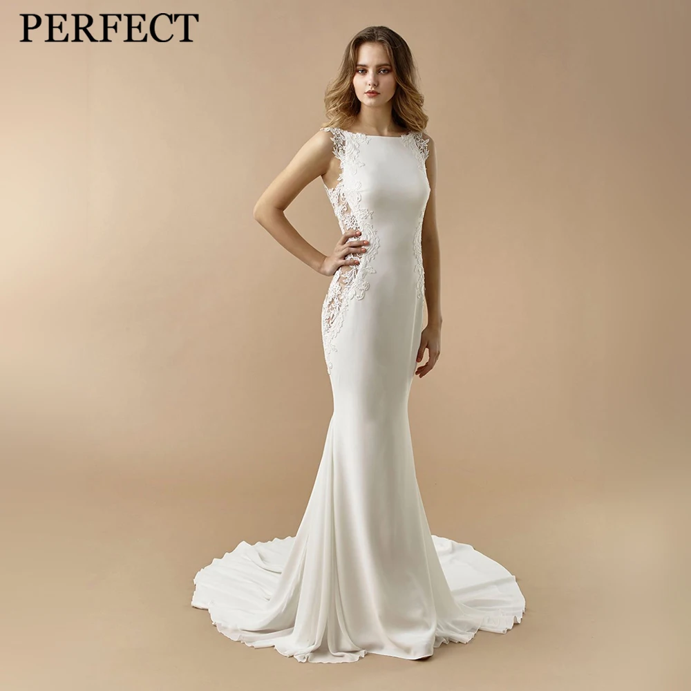 ИДЕАЛЬНОЕ свадебное платье 2023 года Для женщины, Очаровательная Русалка, аппликации с высоким вырезом, шлейф с открытой спиной, Атласное свадебное платье