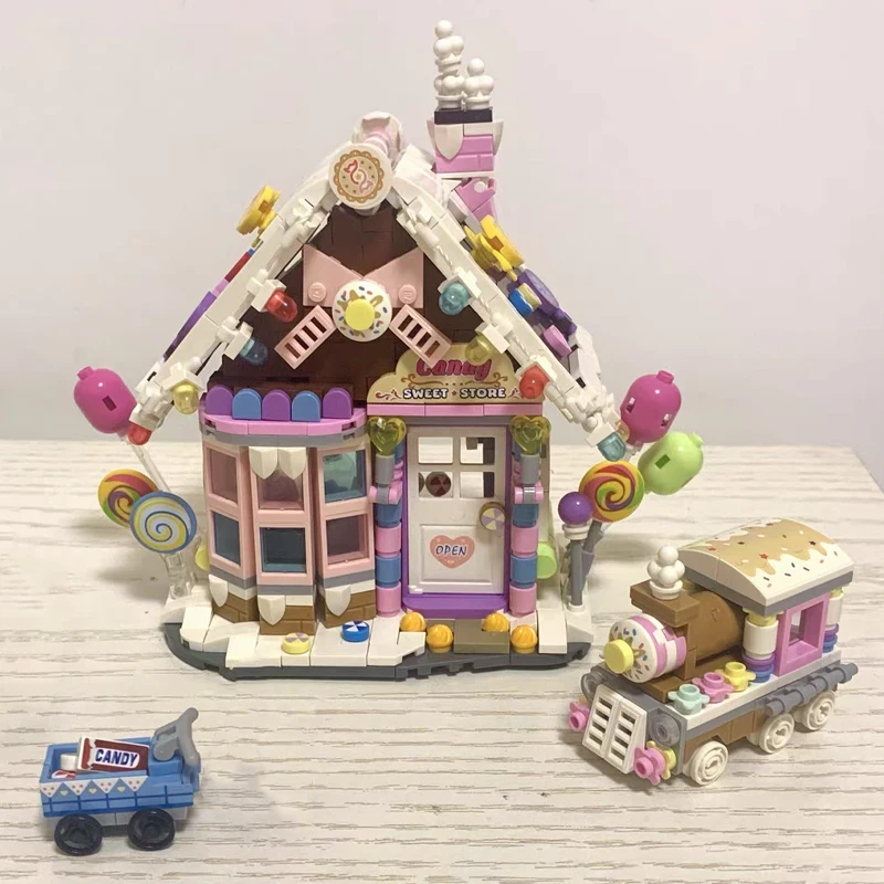 Игрушки для детей Архитектура, магазин сладостей, Шоколадный домик, поезд на воздушном шаре, 3D модель, мини-конструкторы, кирпичики, здание своими руками