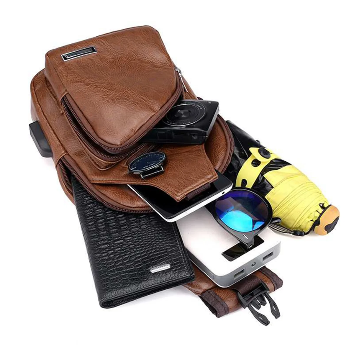 Интерфейс 4X Mini USB, много места, мужская повседневная сумка, модная уличная сумка-слинг, дорожный дневной пакет, светло-коричневый Изображение 3 