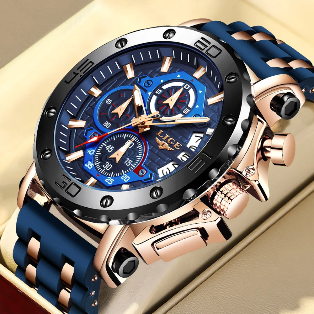 Кварцевые часы LIGE, мужские наручные часы, деловые аналоговые часы с хронографом для мужчин, спортивные светящиеся водонепроницаемые часы с большим циферблатом + коробка