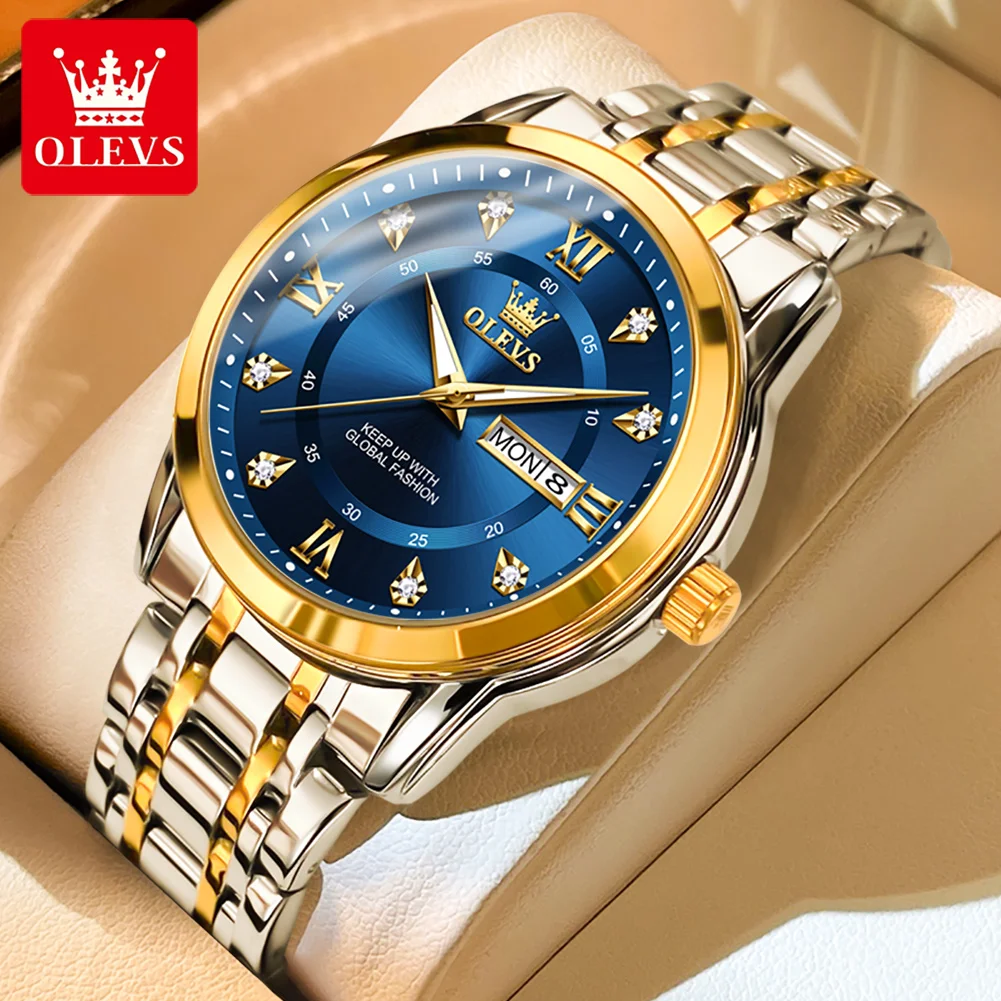 Кварцевые часы OLEVS для мужчин, роскошные золотые часы с бриллиантами, водонепроницаемые светящиеся деловые мужские кварцевые часы из нержавеющей стали, мужские часы