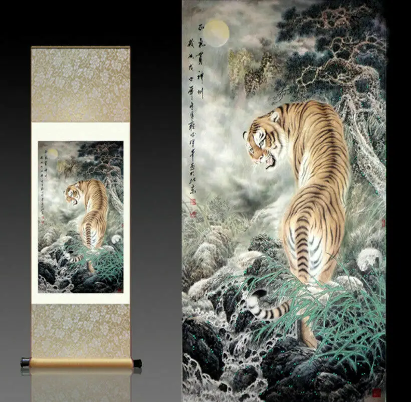 Китайская роспись на шелке с изображением тигра, украшение домашнего офиса, декор комнаты.