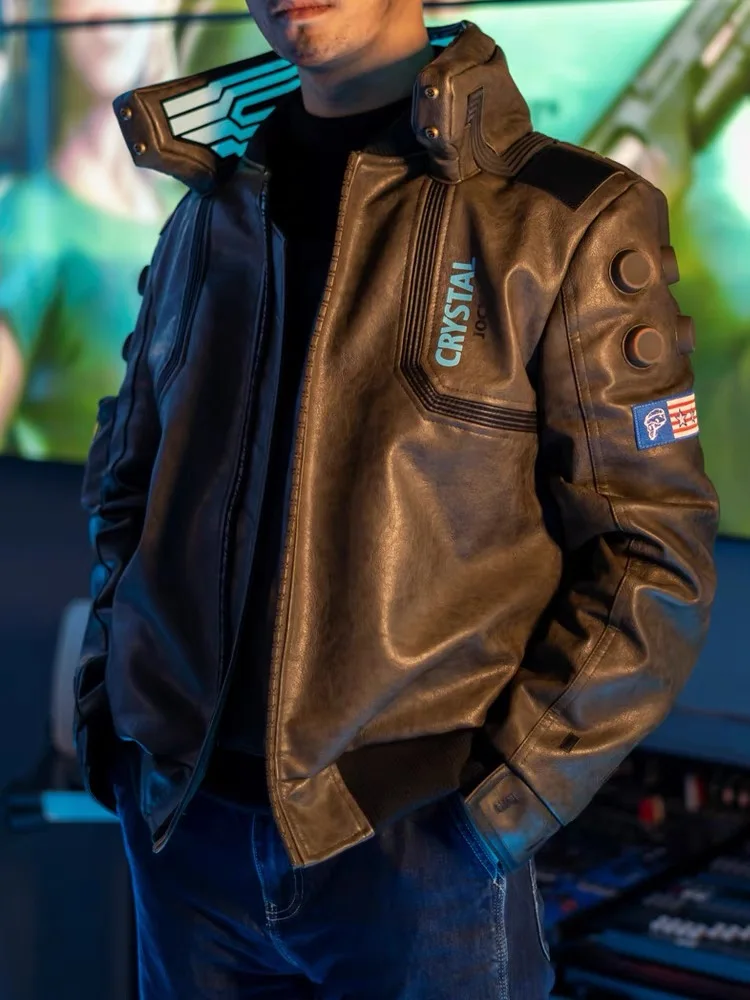 Кожаная куртка Punk 2077 со светодиодным воротником V, костюмы для косплея для мужчин и женщин Изображение 0 