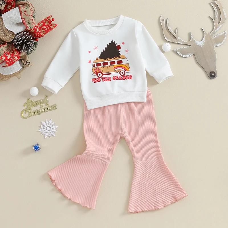Комплект одежды из 2 предметов для маленьких девочек, Рождественская толстовка с длинными рукавами и эластичными расклешенными штанами с принтом автомобиля Санта-Клауса, милая одежда