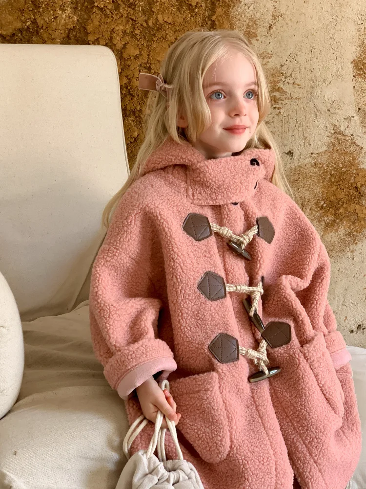 Корейское пальто для девочек, Детская куртка из Овечьей шерсти, Новинка 2023 года, Зимняя верхняя одежда для маленьких девочек, Пальто, Детская одежда, Зимнее пальто для девочек