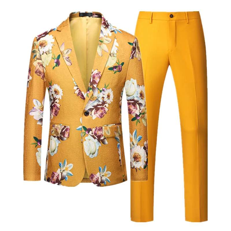 (Куртка + брюки) Мужской жаккардовый костюм 2023 Новые мужские блейзеры и брюки в цветочек для свадебной танцевальной вечеринки большого размера 6XL