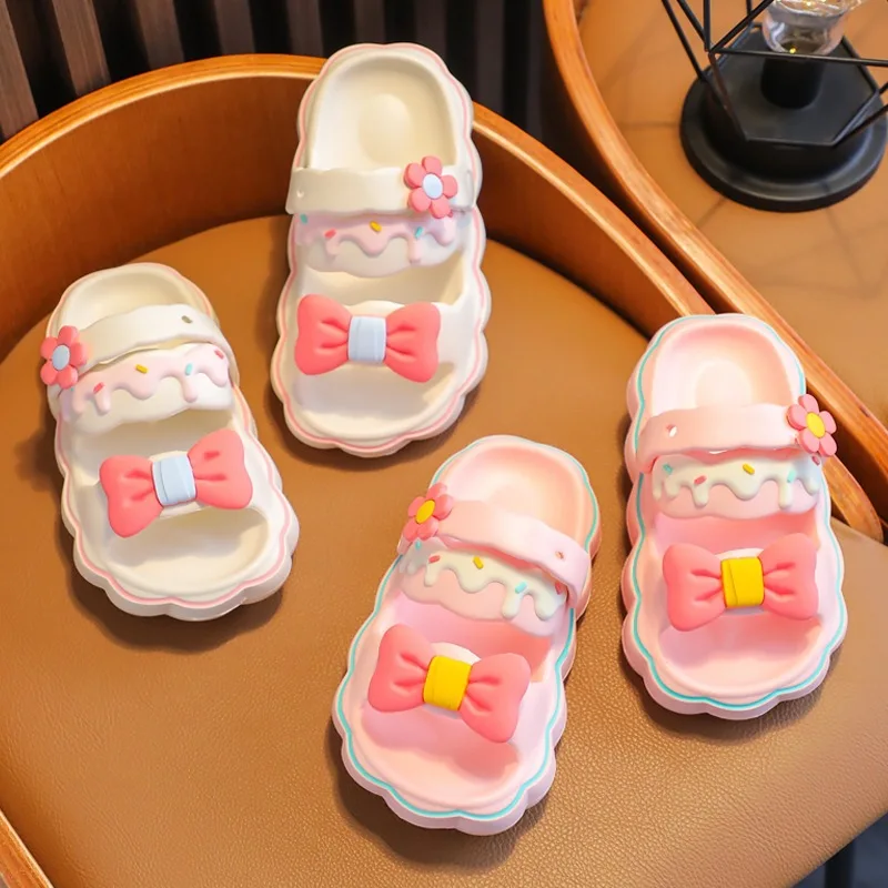 Летние милые тапочки для девочек с узлом в виде бабочки, противоскользящие, в стиле Принцессы, для детей среднего и большого размера, Детская обувь для девочек