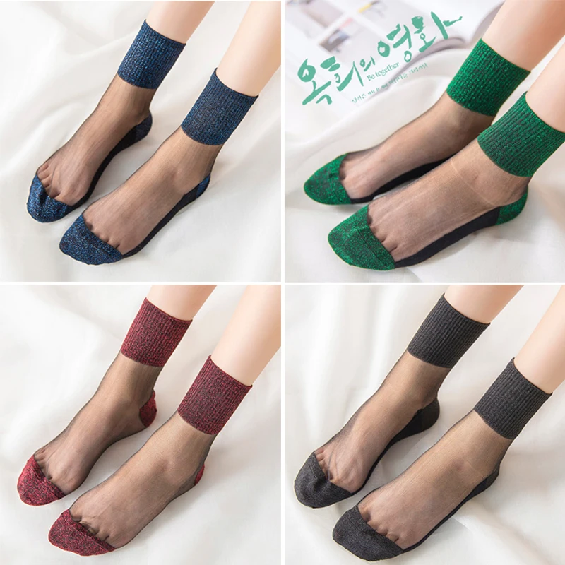 Летние прозрачные короткие носки для женщин, эластичные тонкие яркие шелковые хрустальные носки средней длины, носки из стеклянной пряжи, Комфортные дышащие носки