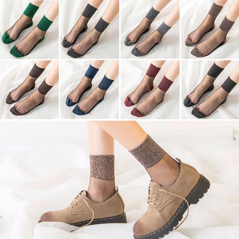 Летние прозрачные короткие носки для женщин, эластичные тонкие яркие шелковые хрустальные носки средней длины, носки из стеклянной пряжи, Комфортные дышащие носки Изображение 3 