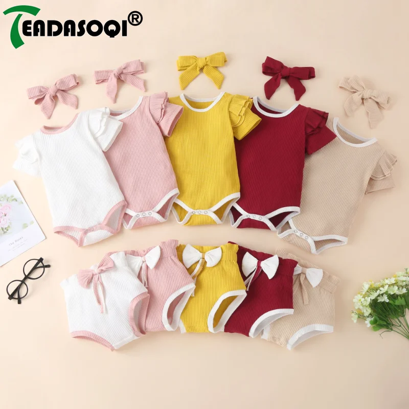 Летняя Одежда для новорожденных девочек, комплект из 3 предметов, комбинезон на пуговицах для малышей, милый наряд для новорожденных, Шорты с короткими рукавами и оборками, повязка на голову