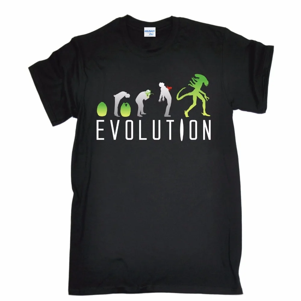 Летняя брендовая одежда, футболка с круглым вырезом и коротким рукавом Evolution Alien, забавные мужские футболки в стиле научно-фантастических ужасов