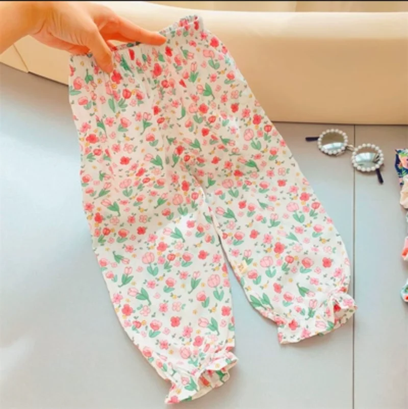 Летняя детская одежда для девочек, милые штаны с мультяшным цветочным рисунком, защищающие от комаров, Классные шаровары, повседневные штаны для малышей, спортивные штаны Изображение 5 