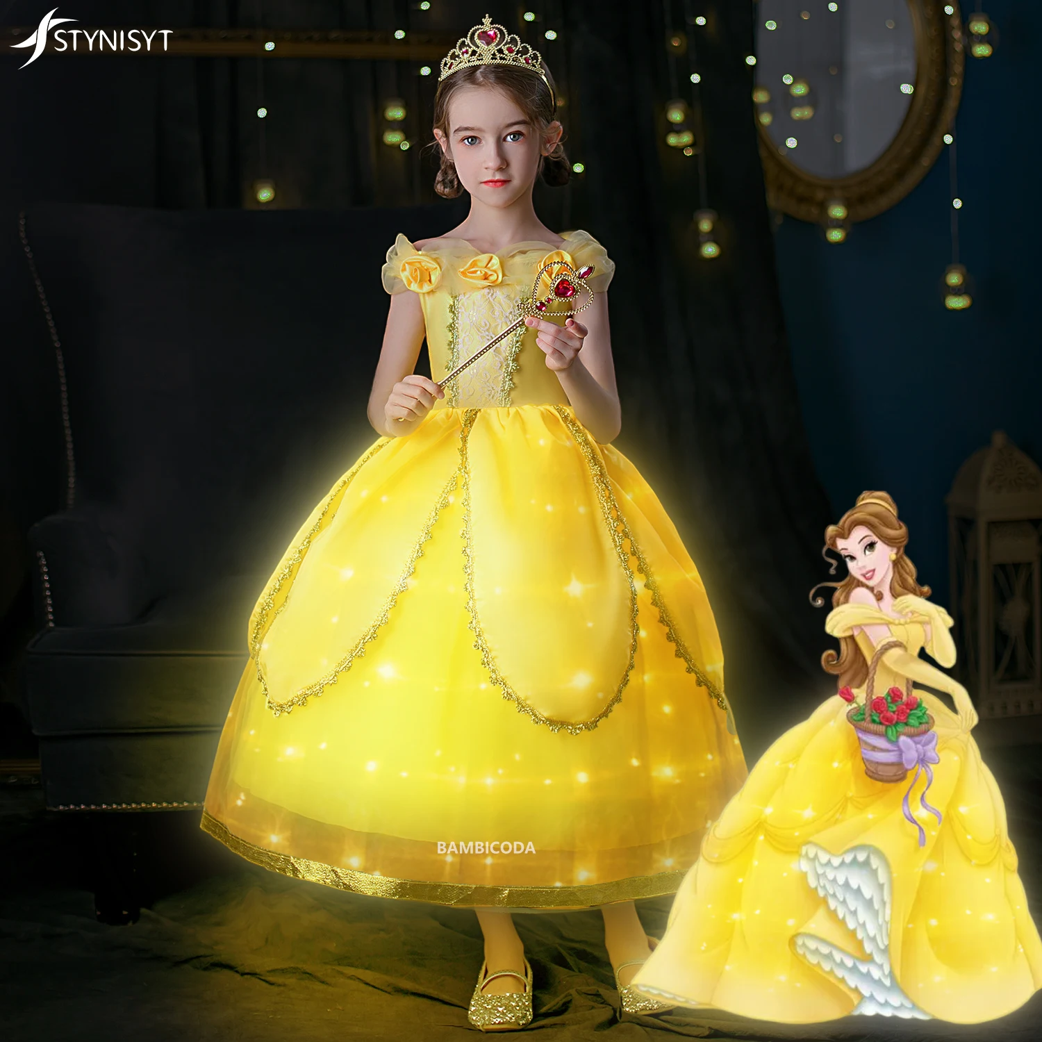 Маскарадное платье со светодиодной подсветкой для девочек, детский костюм принцессы Белль на День рождения для Рождественского карнавала, детское бальное платье Изображение 0 