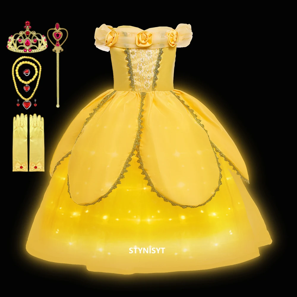 Маскарадное платье со светодиодной подсветкой для девочек, детский костюм принцессы Белль на День рождения для Рождественского карнавала, детское бальное платье Изображение 1 