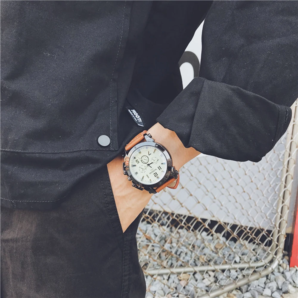 Модные Мужские Часы С Негабаритным Циферблатом, Черные Ретро Повседневные Мужские Часы с Ремешком из Искусственной Кожи, Спортивные Кварцевые Наручные Часы для Мужчин Reloj Hombre Изображение 4 