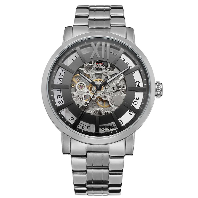 Модные мужские часы Forsining от ведущего бренда с полностью автоматическим маховиком, механическими полыми надписями, деловые часы Lurxury из нержавеющей стали
