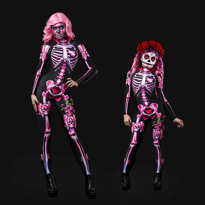 Модный карнавальный комбинезон для вечеринки на Хэллоуин, косплей, женский сексуальный череп, розовые розы, страшный костюм для взрослых, детский наряд для родителей