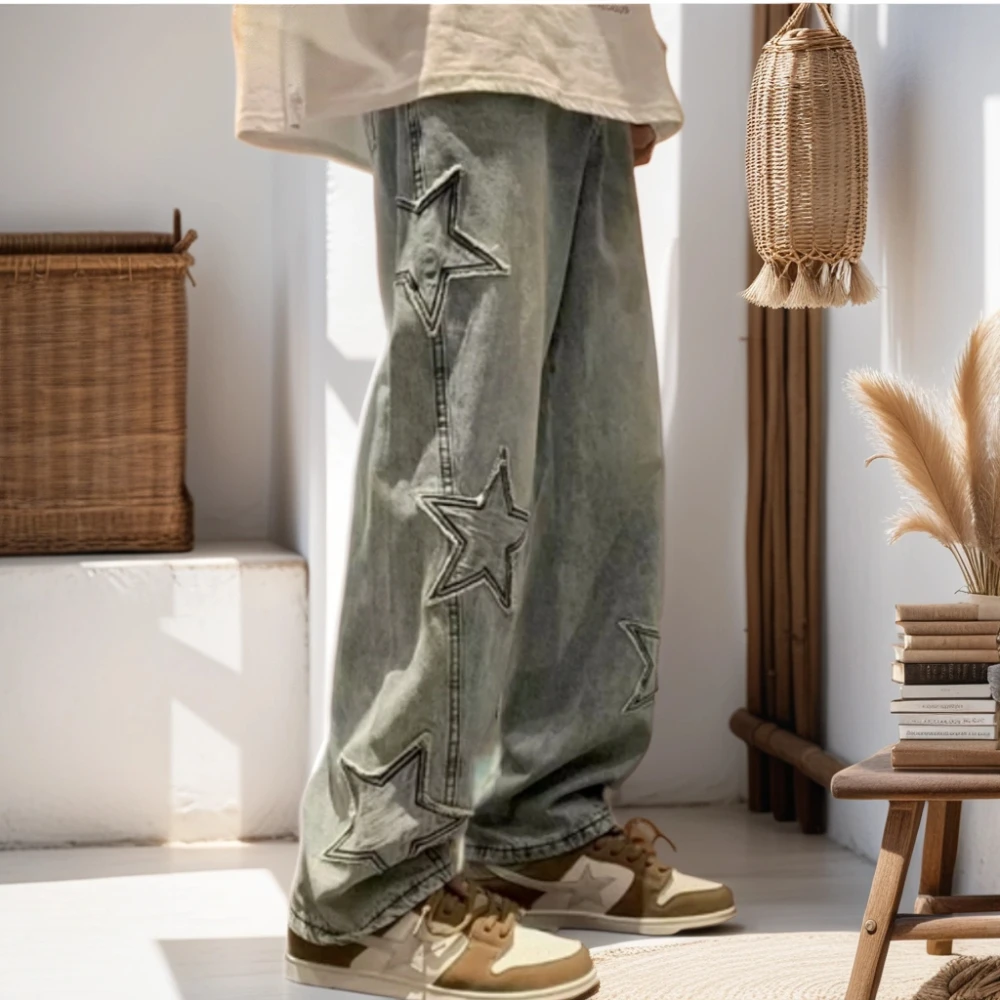 Мужские джинсы Y2K American Fashion, винтажная уличная одежда, звездная эстетика, сшитый деним, прямые свободные брюки-карго с широкими штанинами, мужские брюки-карго